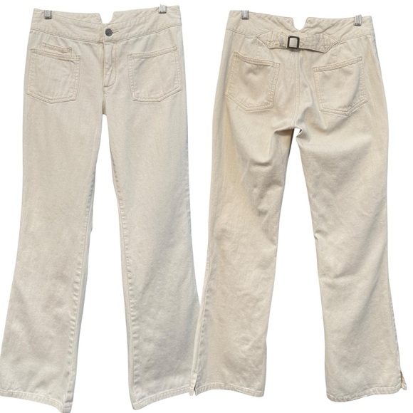 Express Vintage Precision Fit Beige Cotton Pants 5/6 Buckle Back Split Hem - Picture 1 of 8